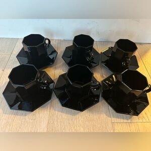 Vintage Arcoroc Octime black glass
espresso cups and saucers . Set of Six
France